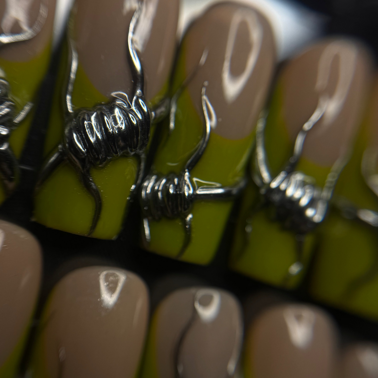 close up of long square press-on nails