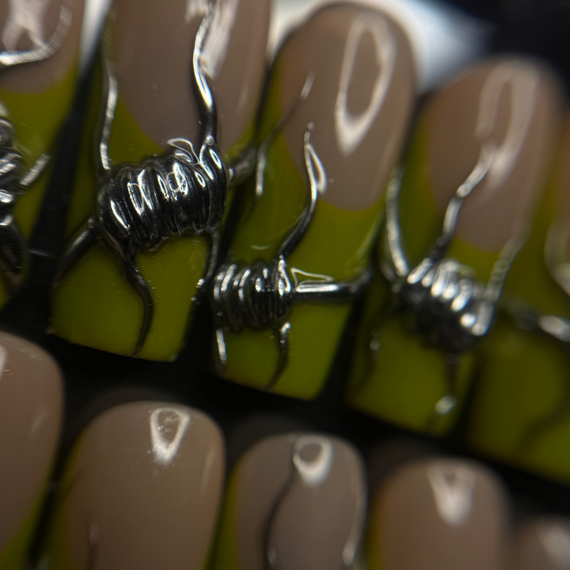 close up of long square press-on nails